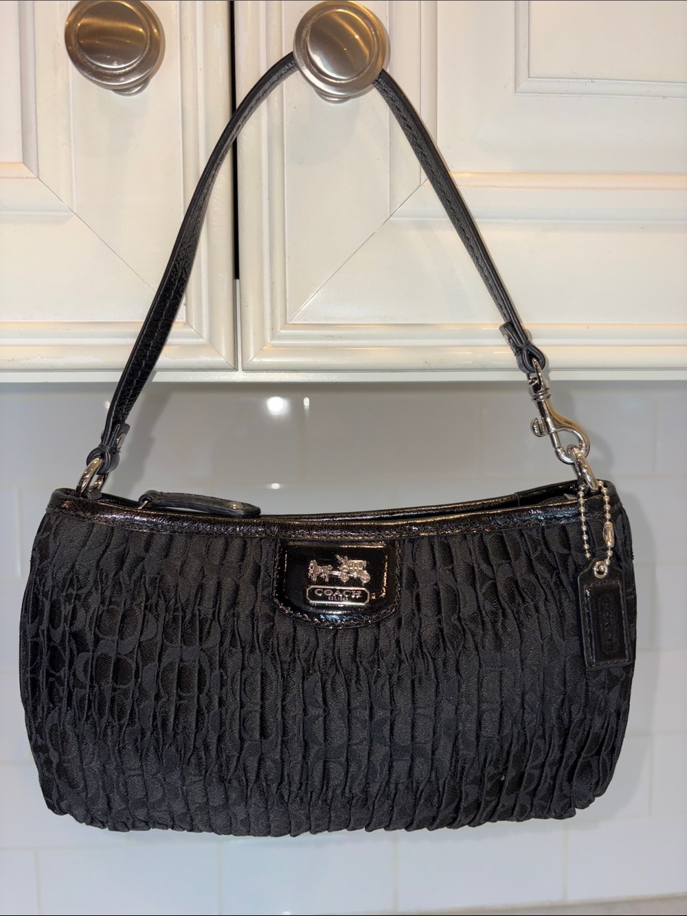 Coach Black Ruched Shoulder Mini Bag with Signature Plaque and Charm HTF